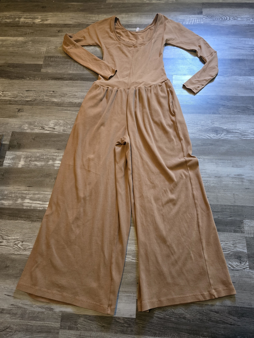 Free People FP Movement Hot Shot Wide Leg Long Sleeve Jumpsuit Tan Medium - Picture 1 of 12